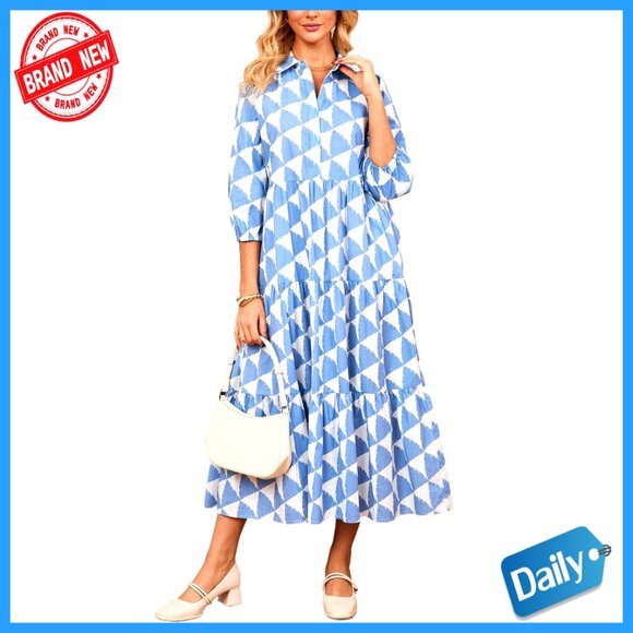 Cotton Maxi Shirt Dress Button Down Flowy Tiered Sleeve Casual Boho Long